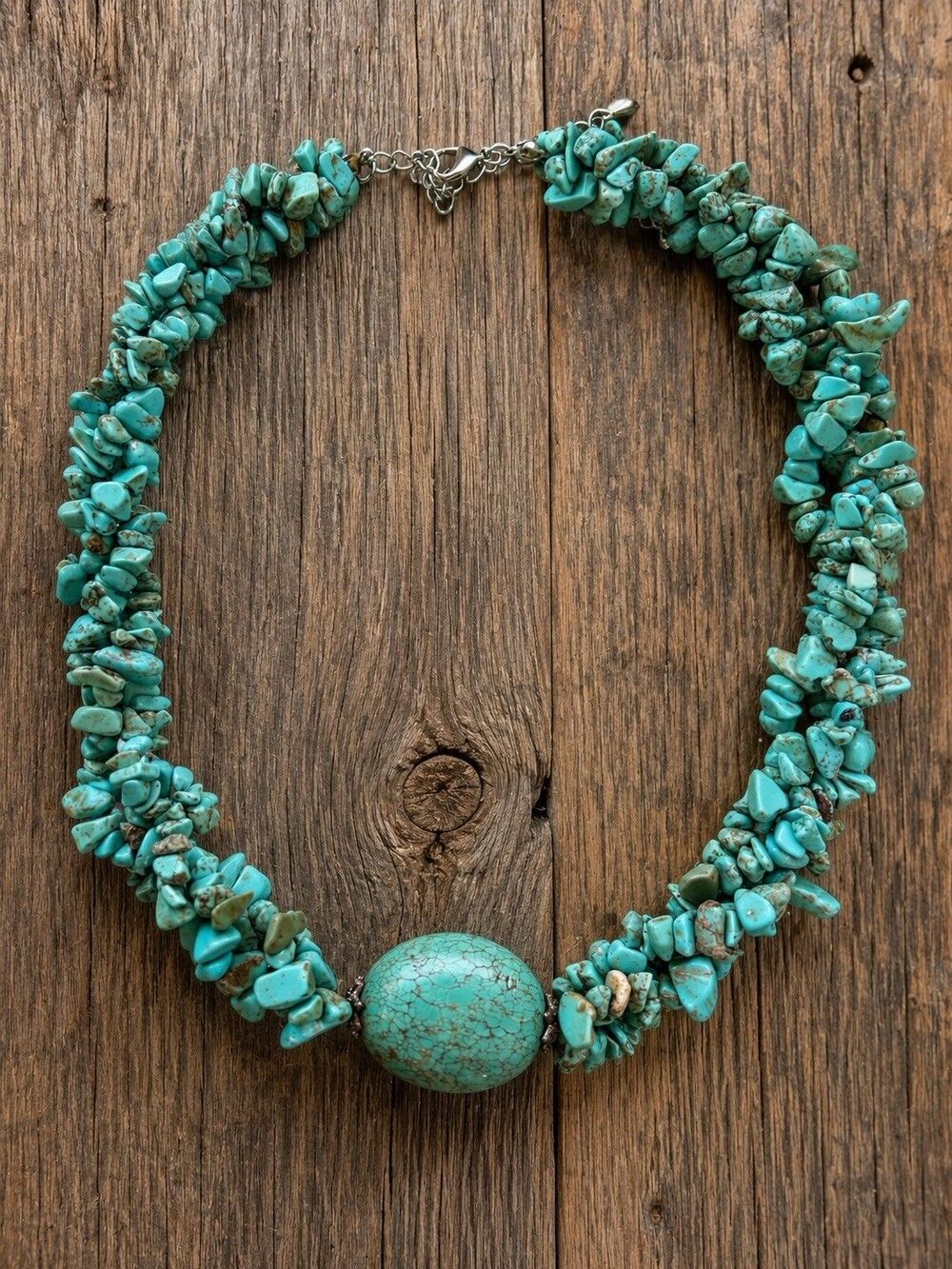 Vintage Genuine Turquoise Chip Necklace Chunky Multi Strand  Southwestern Boho